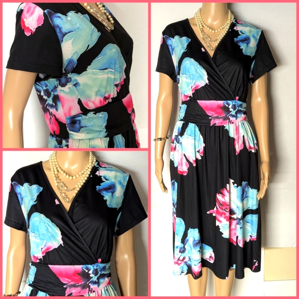 Ouges v neck dress new with pockets sz L black blue pink floral